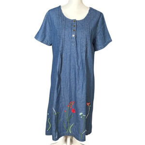 Country Store Midi Dress Mumu Embroidered Denim Size Medium Blue Floral Cottage